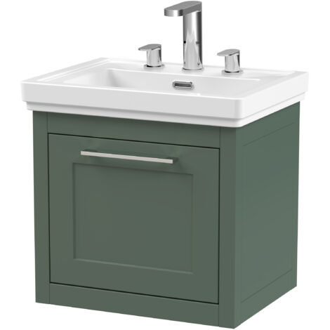 Blithbury Traditional Bathroom Wall Hung 1 Drawer Vanity Unit and 3 Tap Hole Fireclay Basin, 500mm, Matt Green
