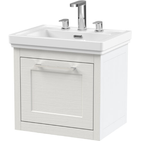 Blithbury Traditional Bathroom Wall Hung 1 Drawer Vanity Unit and 3 Tap Hole Fireclay Basin, 500mm, Woodgrain White