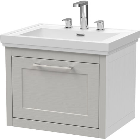 Blithbury Traditional Bathroom Wall Hung 1 Drawer Vanity Unit and 3 Tap Hole Fireclay Basin, 600mm, Woodgrain Grey