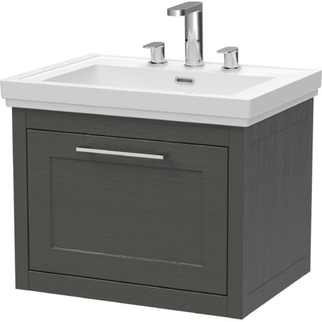 Blithbury Traditional Bathroom Wall Hung 1 Drawer Vanity Unit and 3 Tap Hole Fireclay Basin, 600mm, Woodgrain Dark Grey