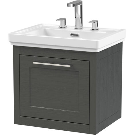 Blithbury Traditional Bathroom Wall Hung 1 Drawer Vanity Unit and 3 Tap Hole Fireclay Basin, 500mm, Woodgrain Dark Grey