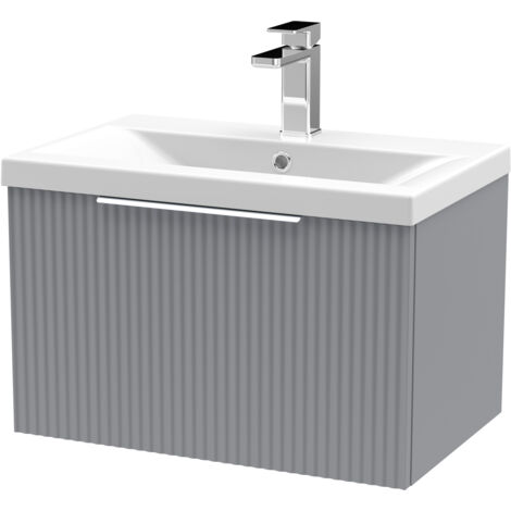 Fluted Front Wall Hung 1-Drawer Bathroom Vanity Unit with 1 Tap Hole Basin, 600mm, Satin Grey, Chrome Handles