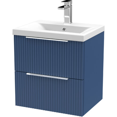 Contemporary Fluted 500mm Wall Hung 2-Drawer Vanity and Mid-Edge Basin, Satin Blue (1/5)
