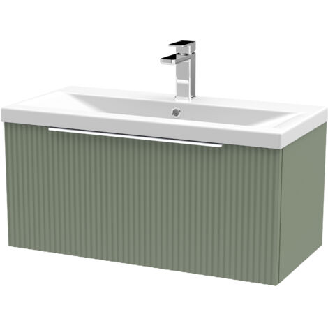 Fluted Front Wall Hung 1-Drawer Bathroom Vanity Unit with 1 Tap Hole Basin, 800mm, Satin Green, Chrome Handles (1/5)