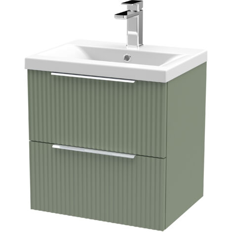 Contemporary Fluted 500mm Wall Hung 2-Drawer Vanity and Mid-Edge Basin, Satin Green