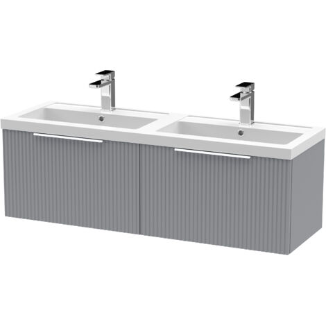 Contemporary Fluted 1200mm Wall Hung 2-Drawer Bathroom Vanity Unit with Double Polymarble Basin, Satin Grey