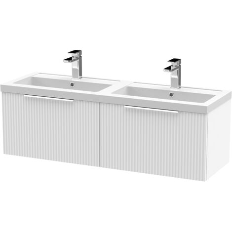 Contemporary Fluted 1200mm Wall Hung 2-Drawer Bathroom Vanity Unit with Double Polymarble Basin, Satin White (1/5)