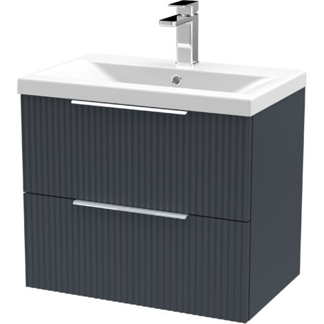 Fluted Front Wall Hung 2-Drawer Bathroom Vanity Unit with 1 Tap Hole Basin, 600mm, Satin Dark Grey, Chrome Handles