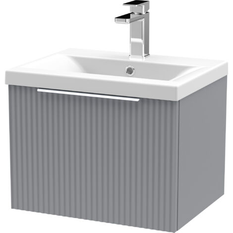 Contemporary Fluted 500mm Wall Hung Single Drawer Vanity and Mid-Edge Basin, Satin Grey, Chrome Handles