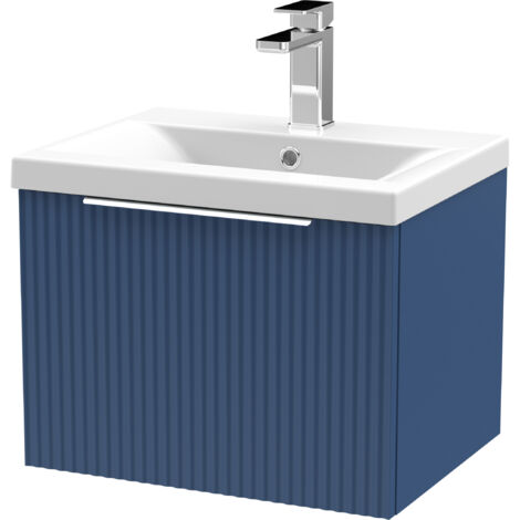 Contemporary Fluted 500mm Wall Hung Single Drawer Vanity and Mid-Edge Basin, Satin Blue, Chrome Handles (1/5)