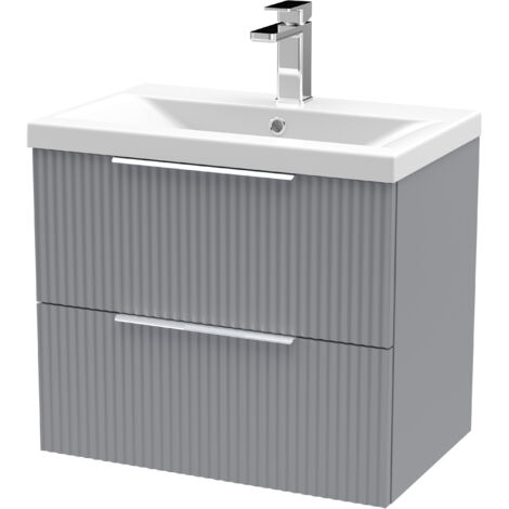 Fluted Front Wall Hung 2-Drawer Bathroom Vanity Unit with 1 Tap Hole Basin, 600mm, Satin Grey, Chrome Handles (1/5)