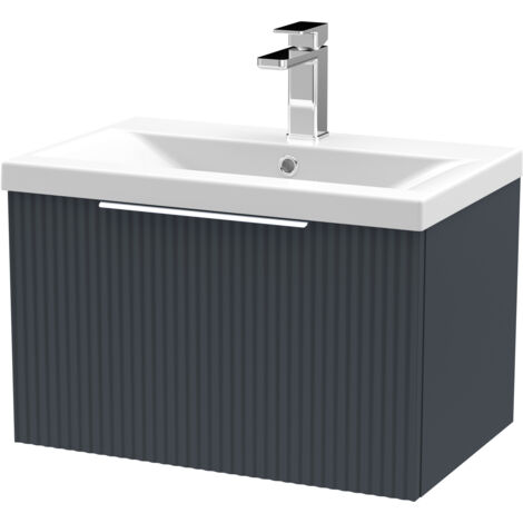 Contemporary Fluted Front Wall Hung Single Soft Close Drawer Bathroom Vanity Unit with 1 Tap Hole Ceramic Basin 500mm, Dark grey