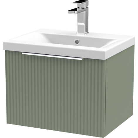 Contemporary Fluted 500mm Wall Hung Single Drawer Vanity and Mid-Edge Basin, Satin Green, Chrome Handles (1/5)
