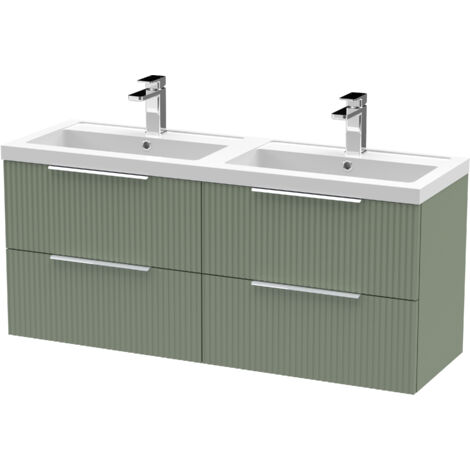 Fluted Front Wall Hung 4 Soft Close Drawer Bathroom Vanity Unit with 2 Tap Hole Double Polymarble Basin, 1200mm, Satin Green