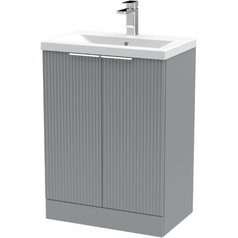 Fluted Front Floor Standing 2 Soft Close Door Bathroom Vanity Unit with 1 Tap Hole Ceramic Mid-Edge Basin, 600mm, Satin Grey