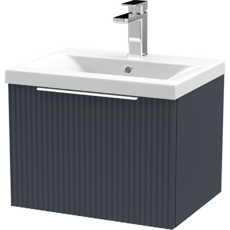 Contemporary Fluted 500mm Wall Hung Single Drawer Vanity and Mid-Edge Basin, Satin Dark Grey, Chrome Handles