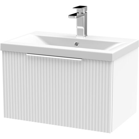 Fluted Front Wall Hung 1-Drawer Bathroom Vanity Unit with 1 Tap Hole Basin, 600mm, Satin White, Chrome Handles