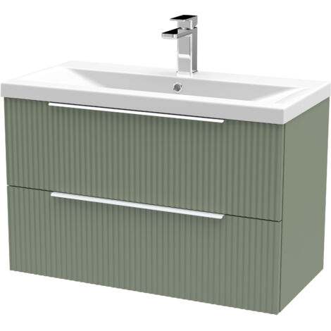Fluted Front Wall Hung 2-Drawer Bathroom Vanity Unit with 1 Tap Hole Basin, 800mm, Satin Green, Chrome Handles (1/3)