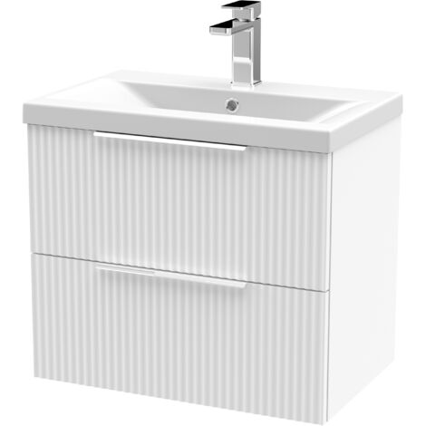 Fluted Front Wall Hung 2-Drawer Bathroom Vanity Unit with 1 Tap Hole Basin, 600mm, Satin White, Chrome Handles (1/5)