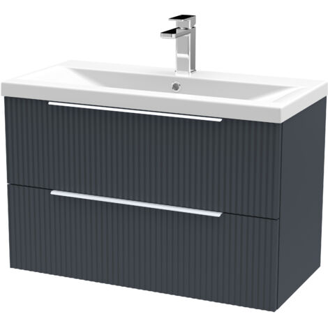 Fluted Front Wall Hung 2-Drawer Bathroom Vanity Unit with 1 Tap Hole Basin, 800mm, Satin Dark Grey, Chrome Handles (1/4)