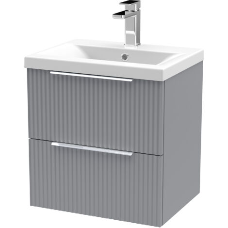 Contemporary Fluted Front Wall Hung 2-Drawer Bathroom Vanity Unit and Mid-Edge Basin, 500mm, Satin Grey