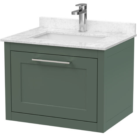Blithbury Traditional Bathroom Wall Hung 1 Drawer Vanity Unit and 1 Tap Hole Marble Top Basin, 600mm, Matt Green (1/2)