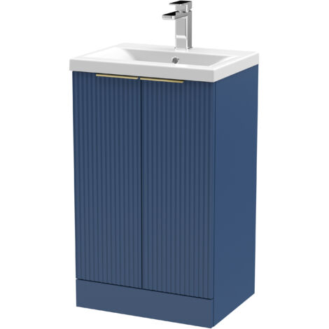Fluted Front Floor Standing 2 Soft Close Door Bathroom Vanity Unit with 1 Tap Hole Basin, 500mm, Satin Blue, Brushed Brass Handles