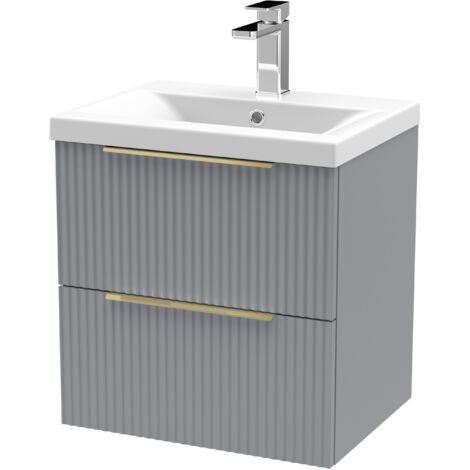 Fluted Front Wall Hung 2-Drawer Bathroom Vanity Unit 1 Tap Hole Basin, 500mm, Satin Grey - Brushed Brass Handles (1/5)