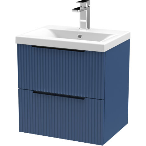 Fluted Front Wall Hung 2-Drawer Bathroom Vanity Unit with 1 Tap Hole Basin, 500mm, Satin Blue, Black Handles