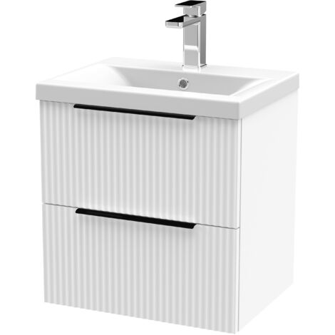 Contemporary Fluted Front Wall Hung 2-Drawer Bathroom Vanity Unit with 1 Tap Hole Basin, 500mm, Satin White, Black Handles