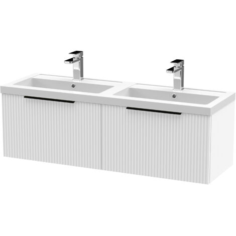 Fluted Front Wall Hung 2-Drawer Bathroom Vanity Unit with Double Basin, 1200mm, Satin White, Black Handles (1/4)