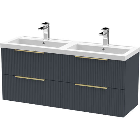 Fluted Front Wall Hung 4-Drawer Bathroom Vanity Unit with Double Basin, 1200mm, Satin Dark Grey, Brushed Brass Handles (1/5)