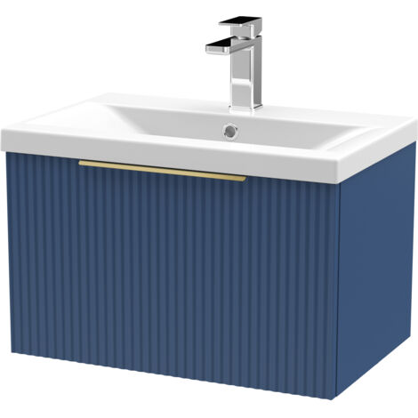 Fluted Front Wall Hung 1-Drawer Bathroom Vanity Unit with 1 Tap Hole Basin, 600mm, Satin Blue, Brushed Brass Handles (1/5)