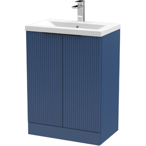 Fluted Front Floor Standing 2 Soft Close Door Bathroom Vanity Unit with 1 Tap Hole Basin, 600mm, Satin Blue, Black Handles