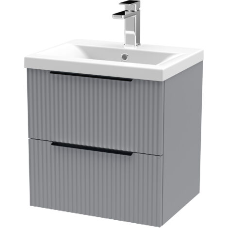 Fluted Front Wall Hung 2-Drawer Bathroom Vanity Unit 1 Tap Hole Basin, 500mm, Satin Grey - Black Handles (1/5)