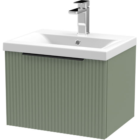 Fluted Front Wall Hung Single Drawer Bathroom Vanity Unit with 1 Tap Hole Ceramic Basin, 500mm, Satin Green, Black Handles