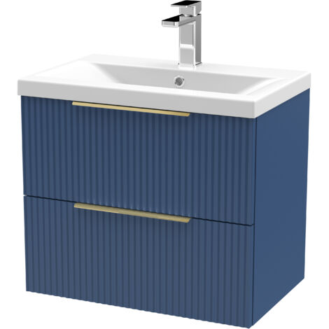 Fluted Front Wall Hung 2-Drawer Bathroom Vanity Unit with 1 Tap Hole Basin, 600mm, Satin Blue, Brushed Brass Handles