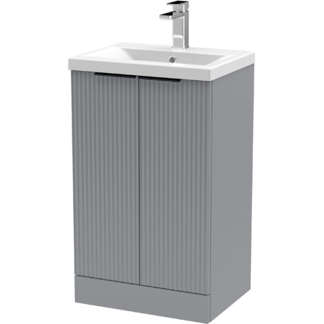 Fluted Front Floor Standing 2 Soft Close Door Bathroom Vanity Unit with 1 Tap Hole Basin, 500mm, Satin Grey, Black Handles