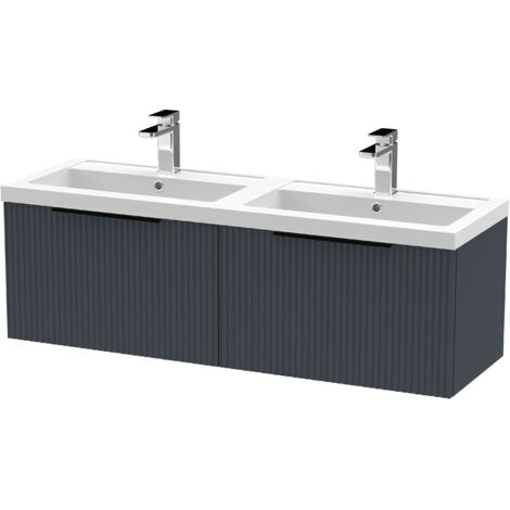 Fluted Front Wall Hung 2-Drawer Bathroom Vanity Unit with Double Basin, 1200mm, Satin Dark Grey, Black Handles (1/5)