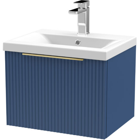 Fluted Front Wall Hung Single Drawer Bathroom Vanity Unit with 1 Tap Hole Ceramic Basin, 500mm, Satin Blue, Brushed Brass Handles