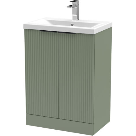 Fluted Front Floor Standing 2 Soft Close Door Bathroom Vanity Unit with 1 Tap Hole Ceramic Basin, 600mm, Satin Green, Black Handles