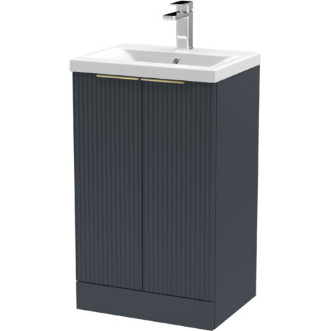 Fluted Front Floor Standing 2 Soft Close Door Bathroom Vanity Unit with 1 Tap Hole Basin, 500mm, Dark Grey, Brushed Brass Handles