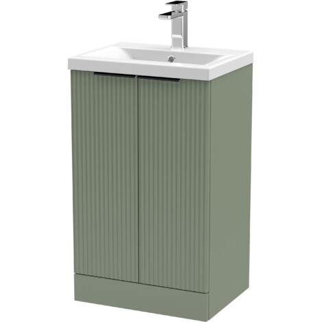 Fluted Front Floor Standing 2 Soft Close Door Bathroom Vanity Unit with 1 Tap Hole Ceramic Basin, 500mm, Satin Green, Black Handles