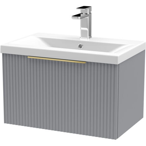 Fluted Front Wall Hung 1-Drawer Bathroom Vanity Unit with 1 Tap Hole Basin, 600mm, Satin Grey, Brushed Brass Handles