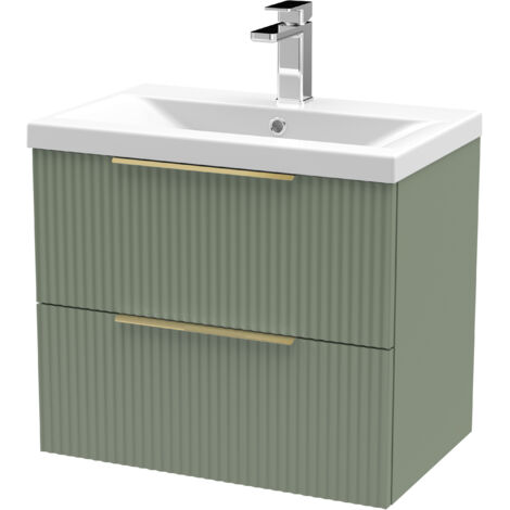 Fluted Front Wall Hung 2-Drawer Bathroom Vanity Unit with 1 Tap Hole Basin, 600mm, Satin Green, Brushed Brass Handles