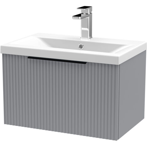 Fluted Front Wall Hung 1-Drawer Bathroom Vanity Unit with 1 Tap Hole Basin, 600mm, Satin Grey, Black Handles