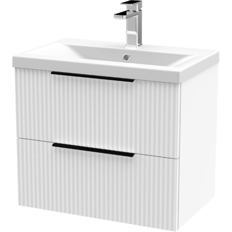 Fluted Front Wall Hung 2-Drawer Bathroom Vanity Unit with 1 Tap Hole Basin, 600mm, Satin White, Black Handles