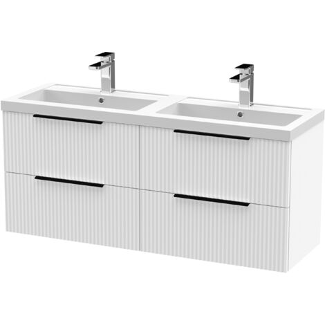 Fluted Front Wall Hung 4-Drawer Bathroom Vanity Unit with Double Basin, 1200mm, Satin White, Black Handles (1/4)