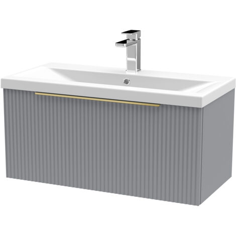 Fluted Front Wall Hung 1-Drawer Bathroom Vanity Unit with 1 Tap Hole Basin, 800mm, Satin Grey, Brushed Brass Handles