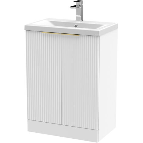 Fluted Front Floor Standing 2 Soft Close Door Bathroom Vanity Unit with 1 Tap Hole Basin, 600mm, Satin White, Brushed Brass Handles